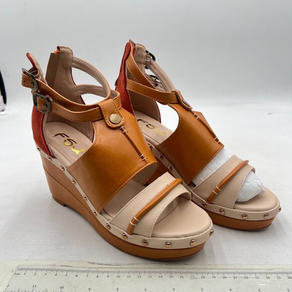 FSJ Tan Open Toe Buckle Strap Platform Shoes Studded Vintage Wedge Heels - Picture 4 of 8